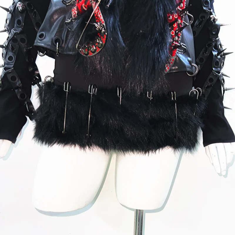 Fluffy rivet applique PU leather v neck o ring top - Image 3