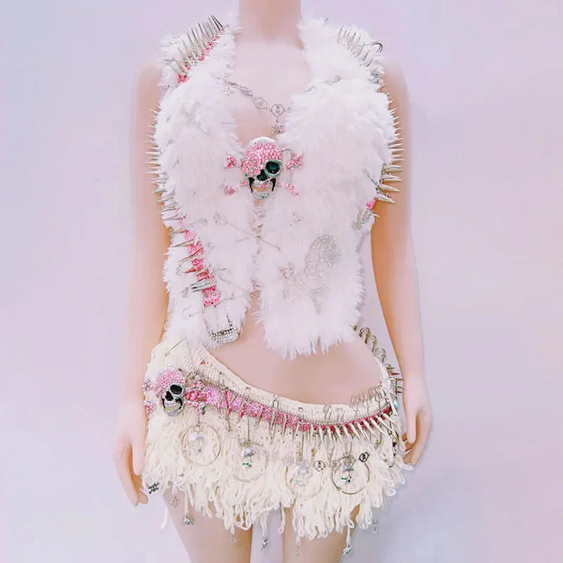 Fluffy rivet halter skull applique self tie mini skirt set