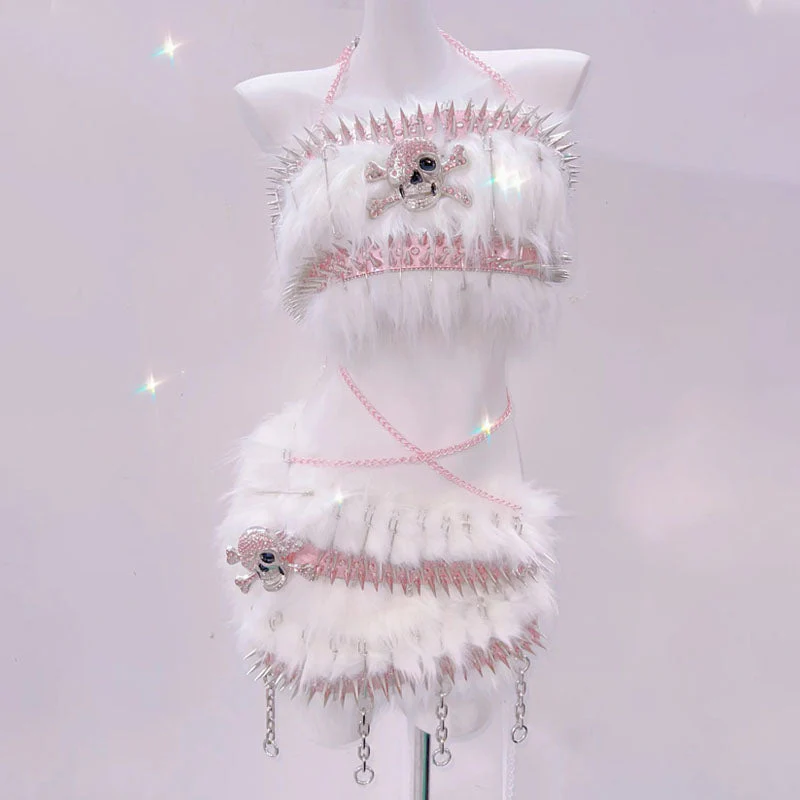 Fluffy skull applique metal chain o ring mini skirt set - Image 2