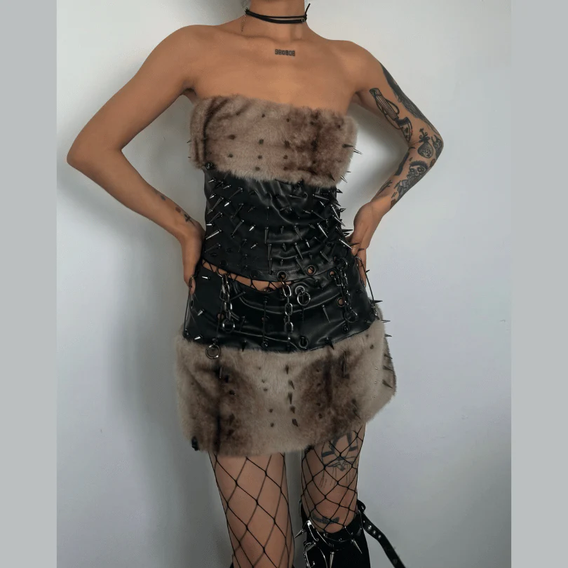 Fluffy metal chain rivet PU leather tube mini skirt set