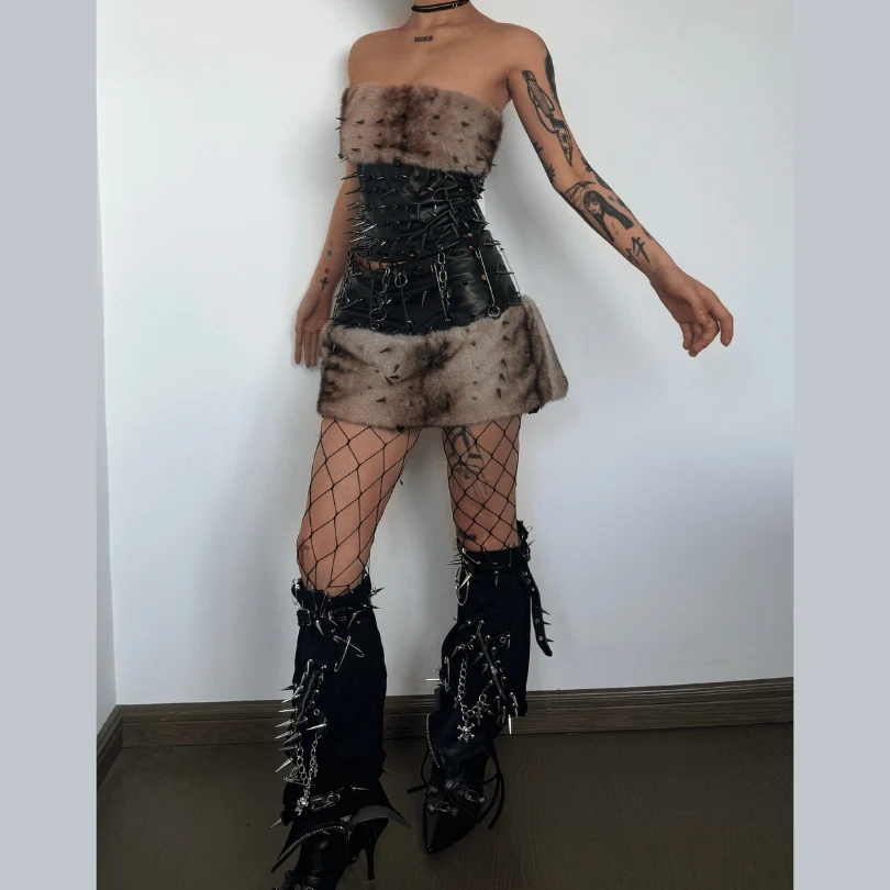 Fluffy metal chain rivet PU leather tube mini skirt set - Image 3