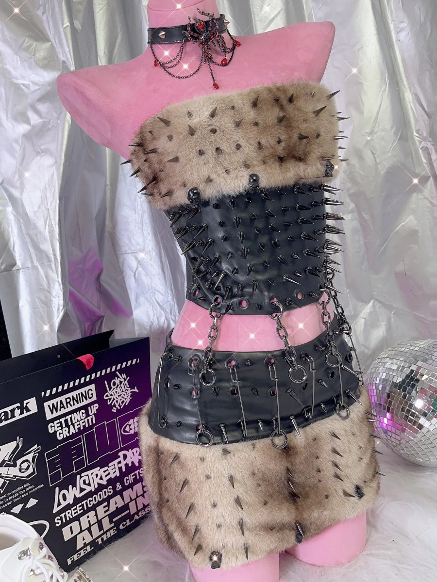 Fluffy metal chain rivet PU leather tube mini skirt set - Image 5