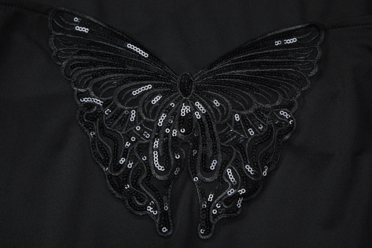 Glitter cowl neck halter butterfly embroidery mini dress - Image 5