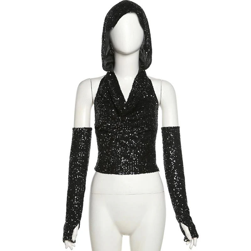 Glitter cowl neck hoodie gloves backless halter crop top - Image 2