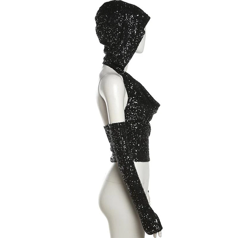 Glitter cowl neck hoodie gloves backless halter crop top - Image 3