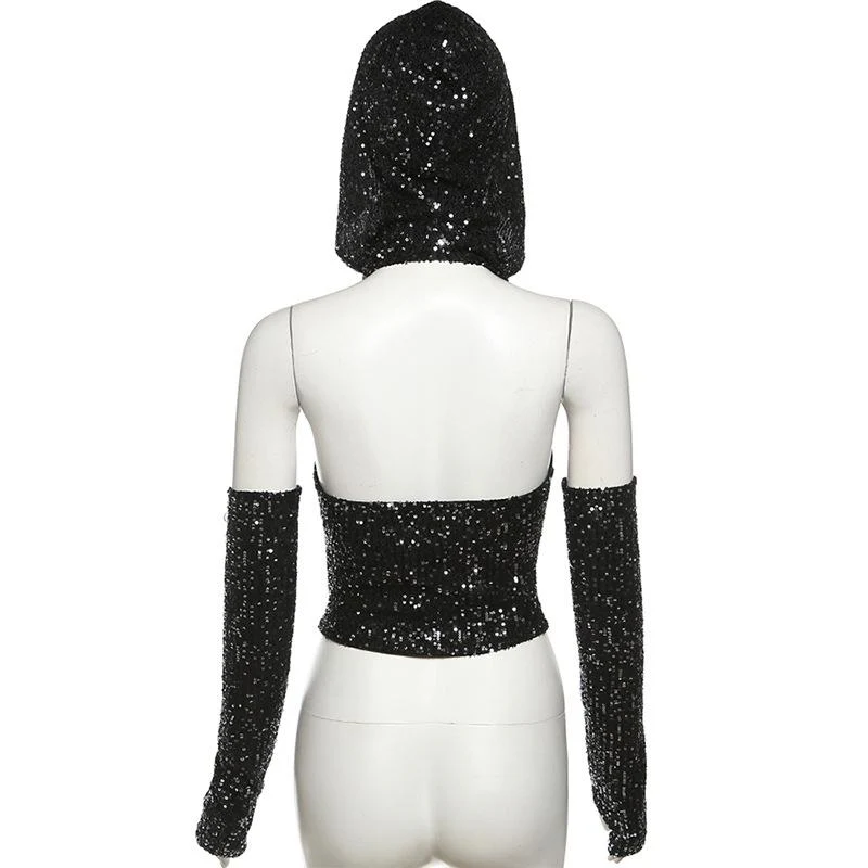 Glitter cowl neck hoodie gloves backless halter crop top - Image 4