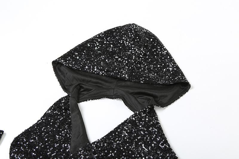 Glitter cowl neck hoodie gloves backless halter crop top - Image 5