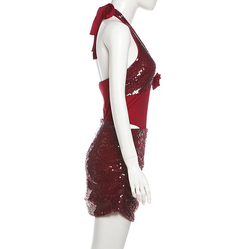Glitter flower applique halter self tie mini skirt set - Image 3