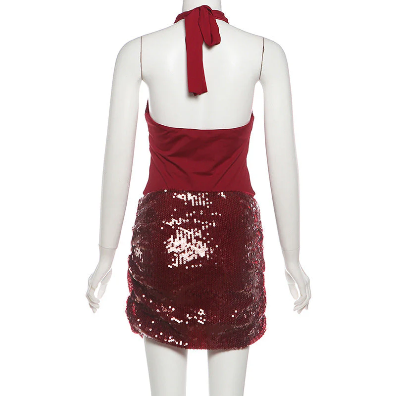 Glitter flower applique halter self tie mini skirt set - Image 4