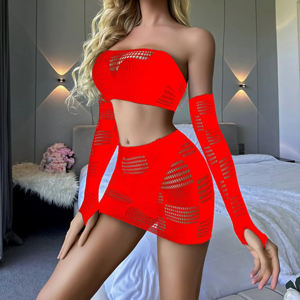 Gloves fishnet patchwork tube mini skirt set - Image 10