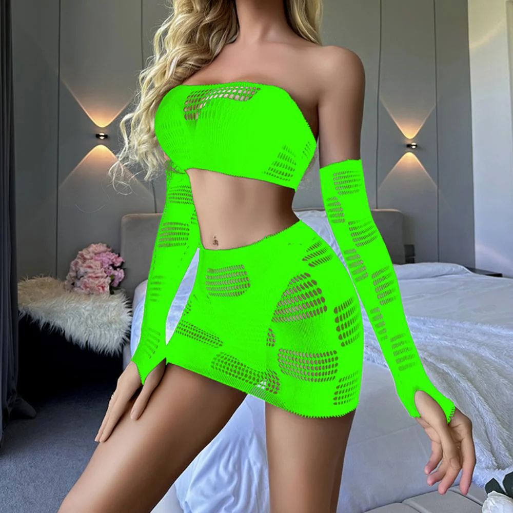 Gloves fishnet patchwork tube mini skirt set - Image 16
