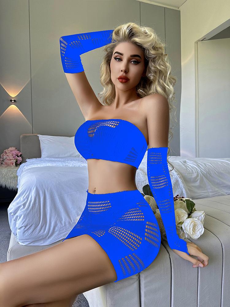 Gloves fishnet patchwork tube mini skirt set - Image 20