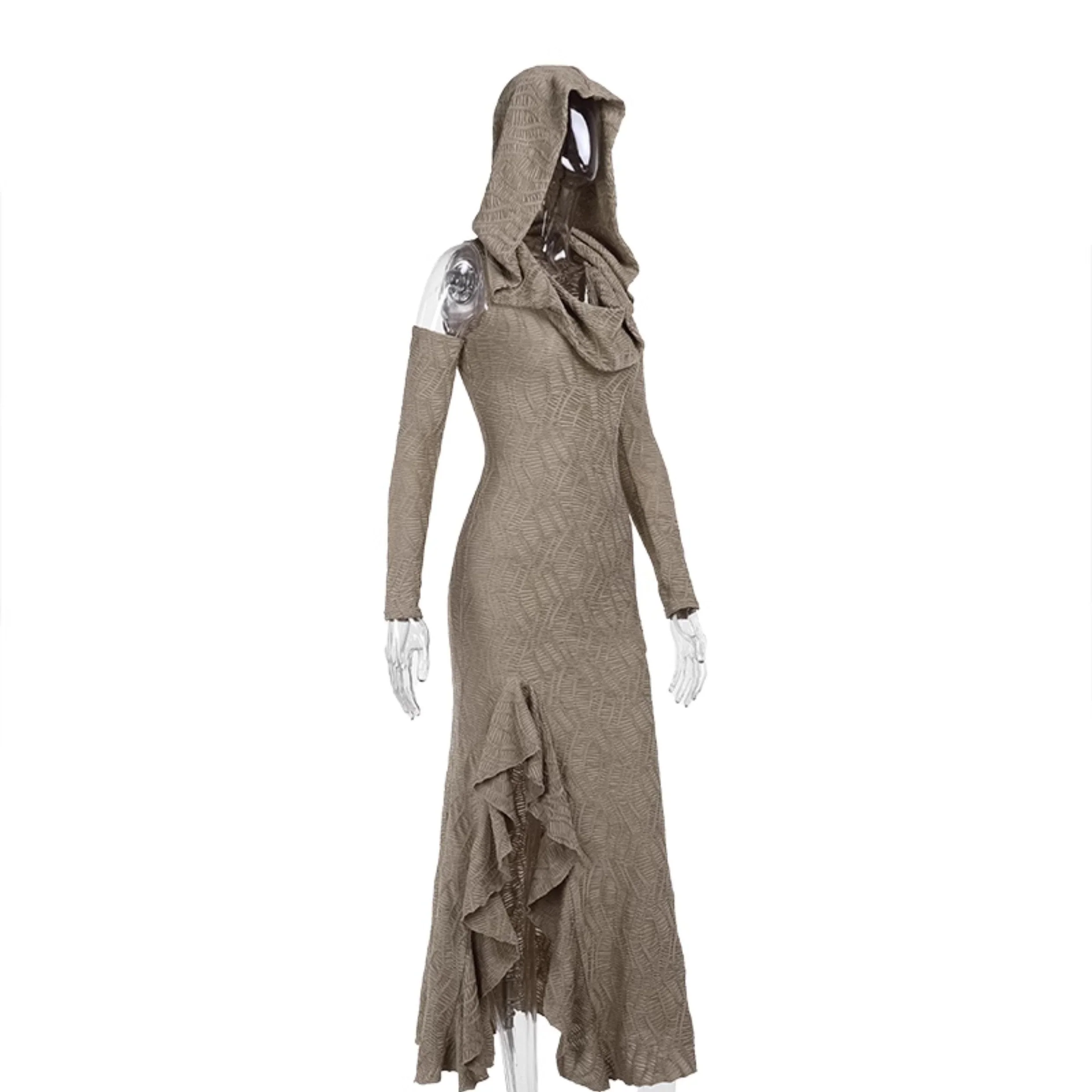Gloves hoodie textured cowl neck slit ruffle maxi dress - Image 6