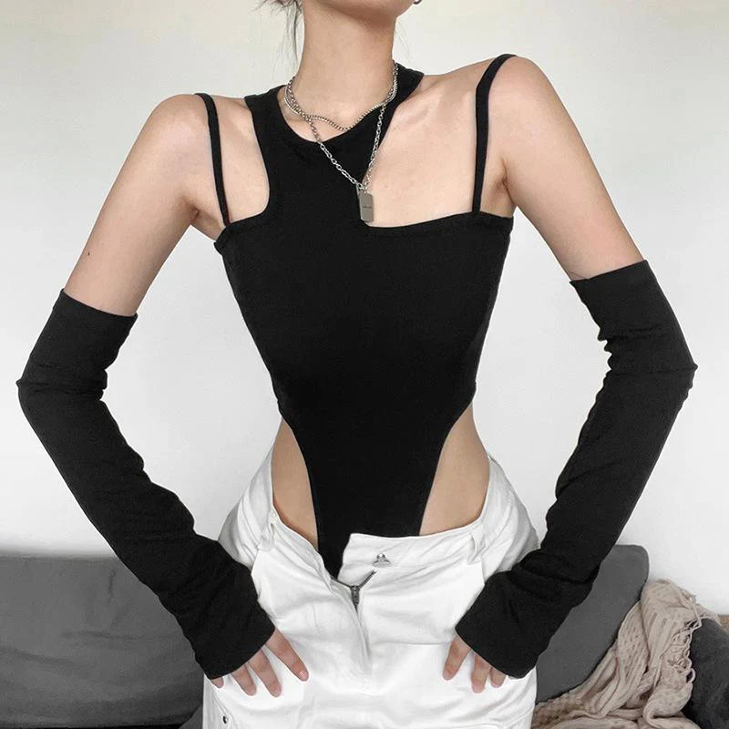 Gloves irregular solid cami crewneck bodysuit y2k 90s Revival Techno Fashion - Image 3