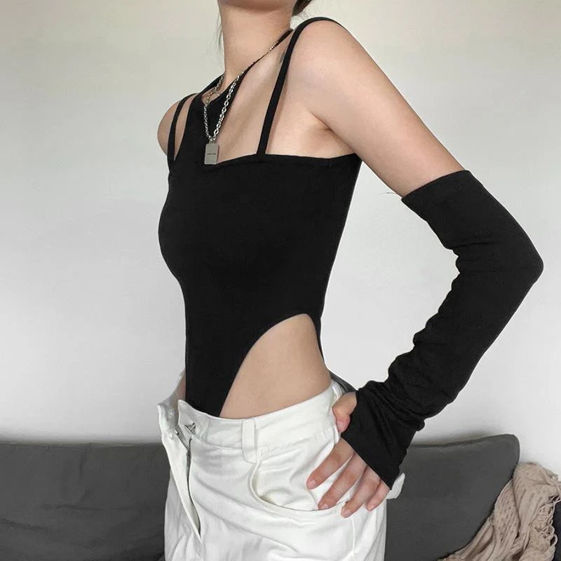 Gloves irregular solid cami crewneck bodysuit y2k 90s Revival Techno Fashion - Image 5