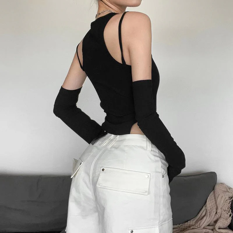 Gloves irregular solid cami crewneck bodysuit y2k 90s Revival Techno Fashion - Image 6