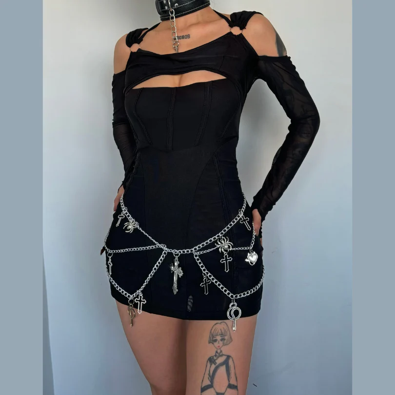 Gloves mesh corset off shoulder hollow out long sleeve halter mini dress