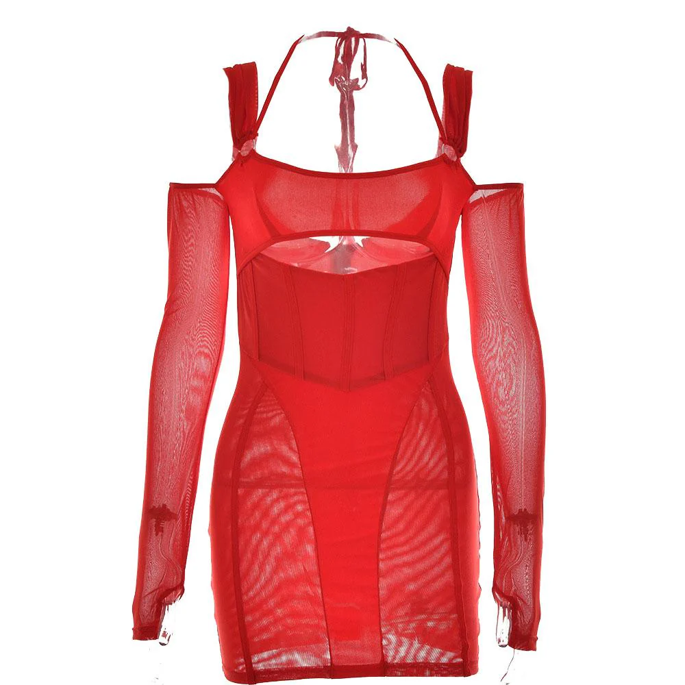 Gloves mesh corset off shoulder hollow out long sleeve halter mini dress - Image 10