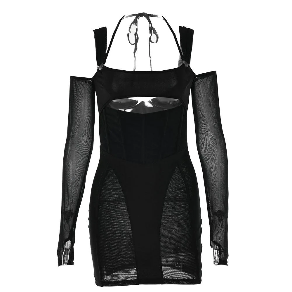 Gloves mesh corset off shoulder hollow out long sleeve halter mini dress - Image 3