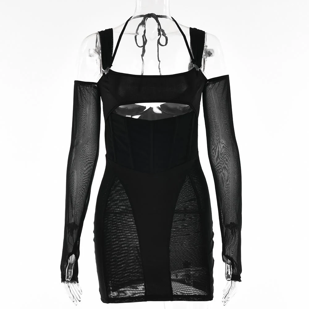 Gloves mesh corset off shoulder hollow out long sleeve halter mini dress - Image 4