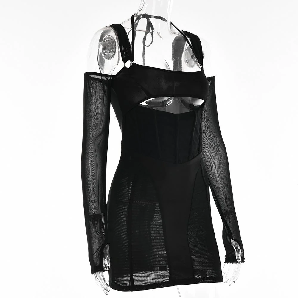 Gloves mesh corset off shoulder hollow out long sleeve halter mini dress - Image 5