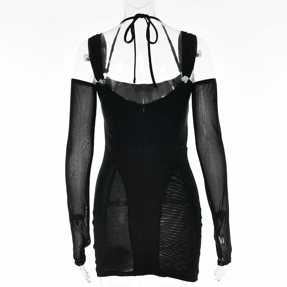 Gloves mesh corset off shoulder hollow out long sleeve halter mini dress - Image 6