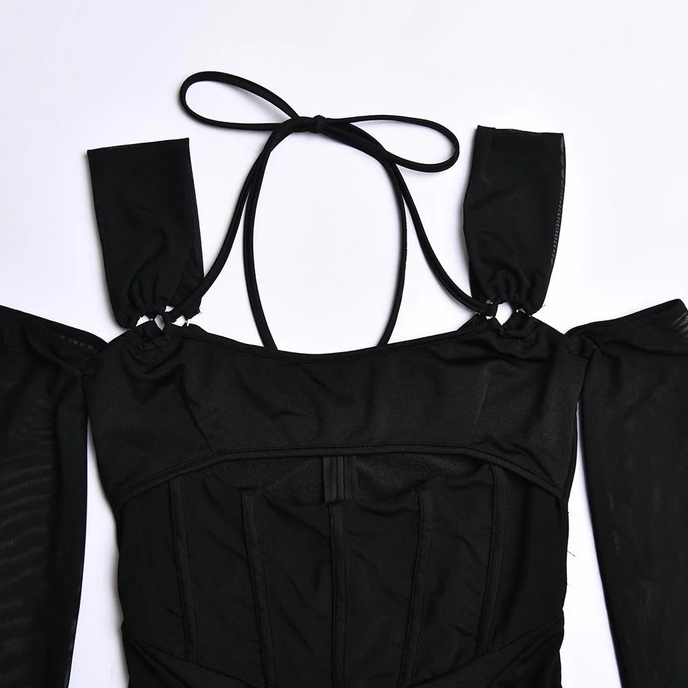Gloves mesh corset off shoulder hollow out long sleeve halter mini dress - Image 7