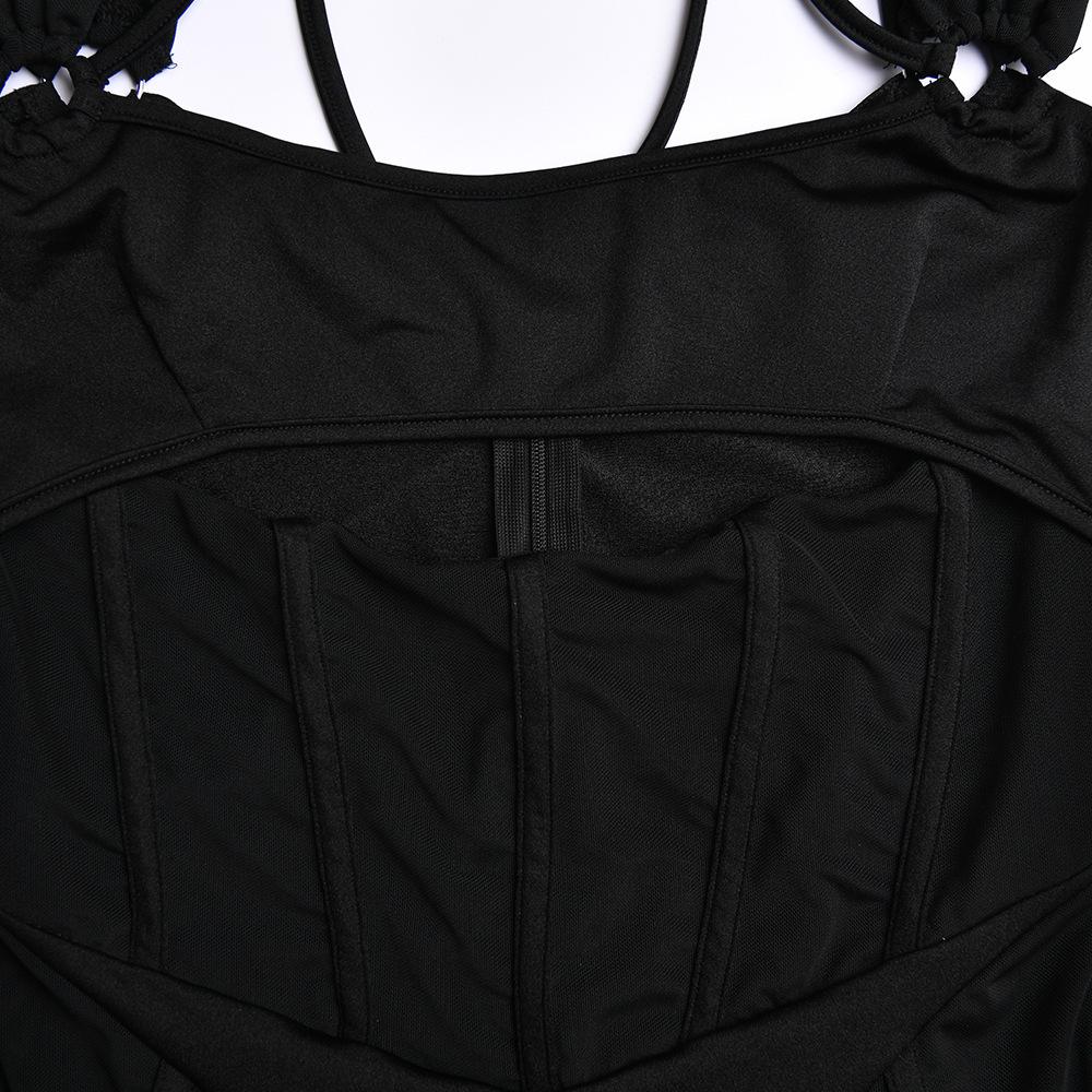 Gloves mesh corset off shoulder hollow out long sleeve halter mini dress - Image 8