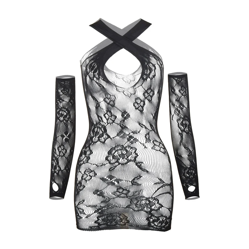 Gloves sheer lace hollow out cross front mini dress - Image 5