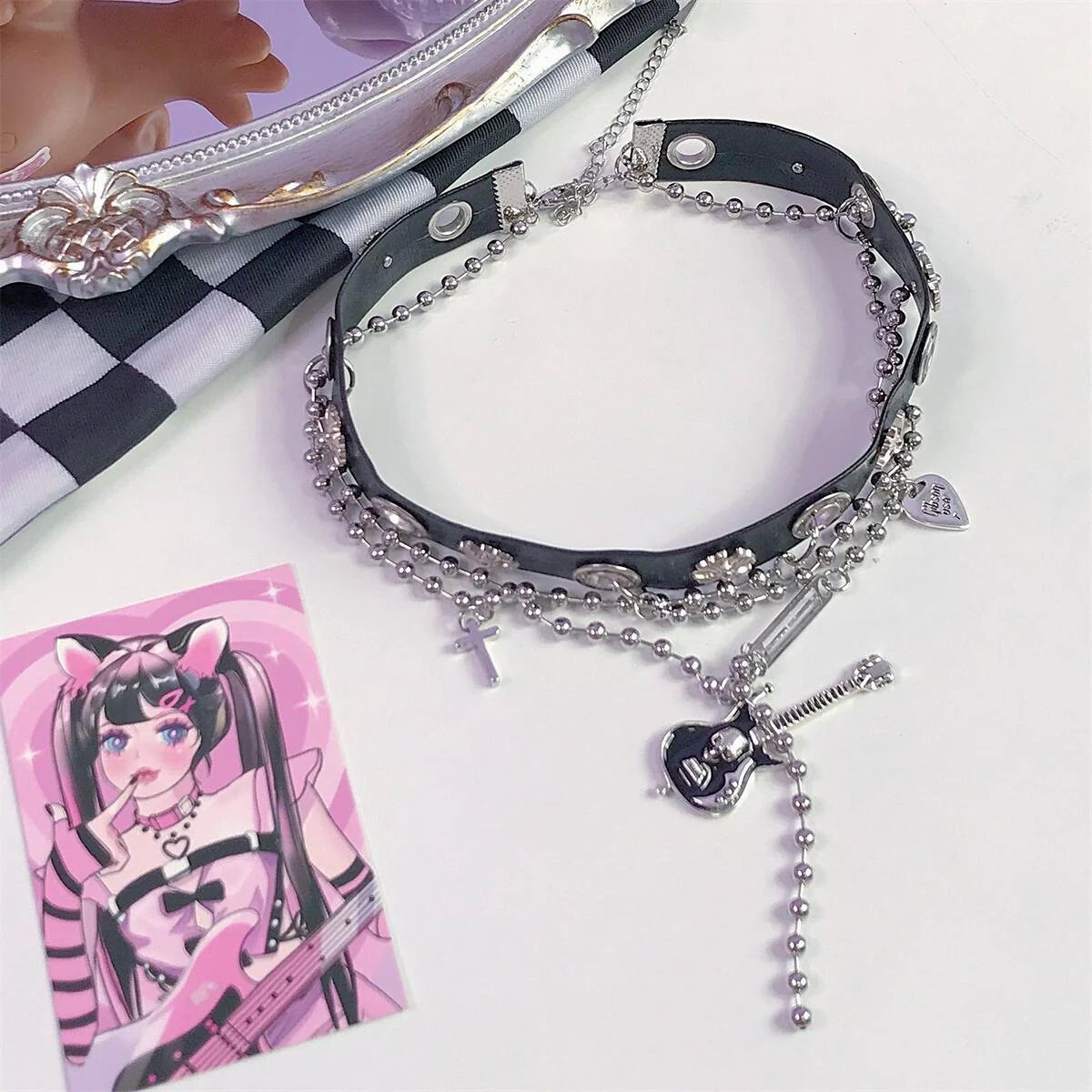Guitar decor metal chain PU leather cross choker necklace - Image 3