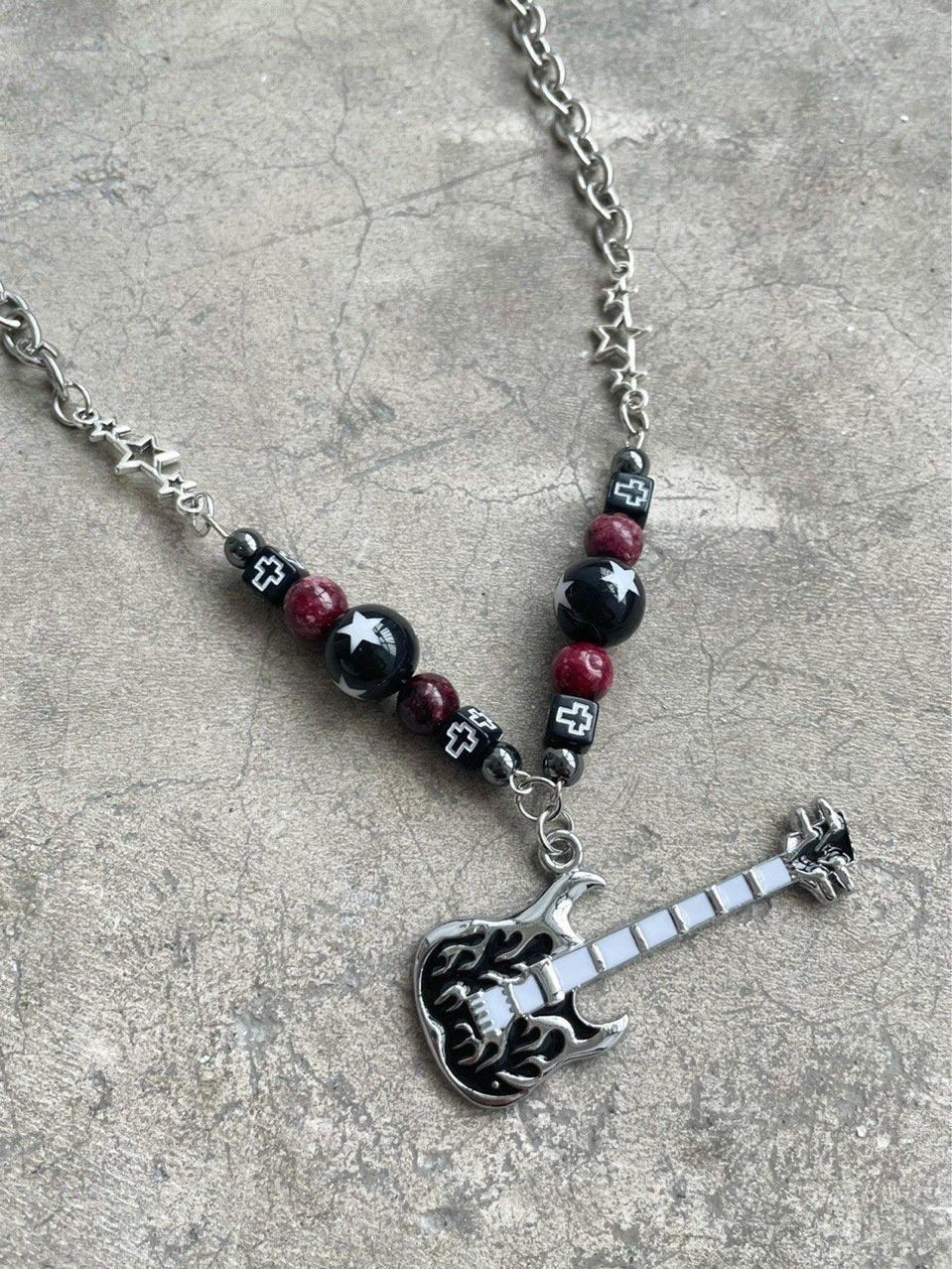 Guitar pendant metal chain beaded necklace - Image 2