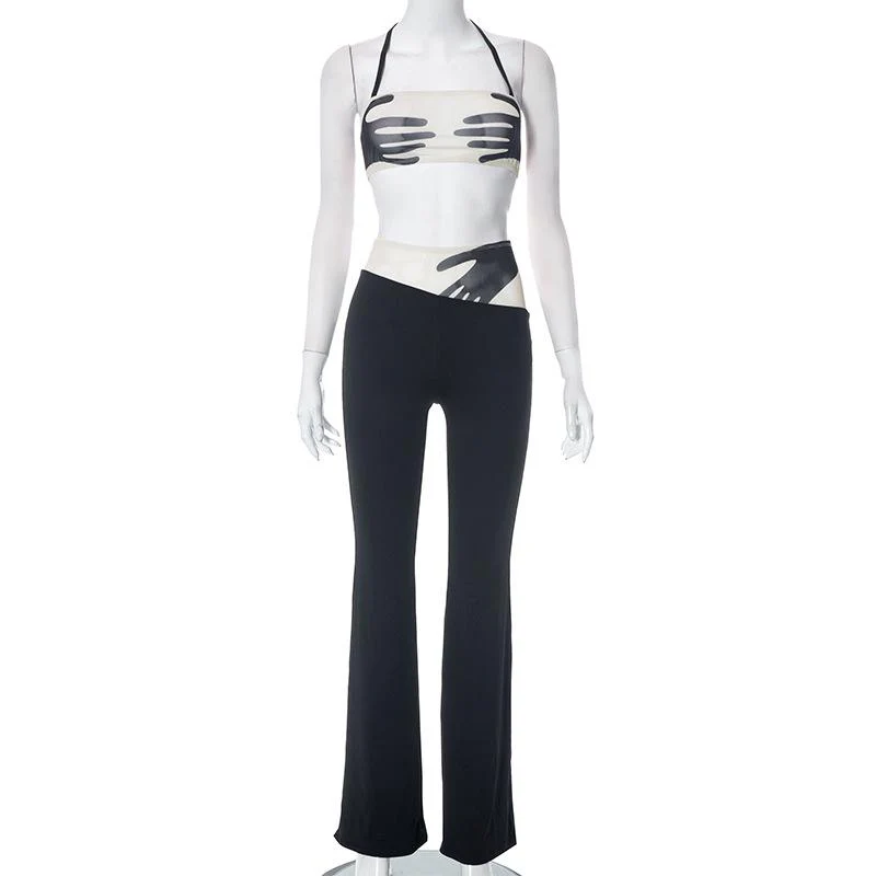 Halter backless mesh patchwork contrast palm pattern pant set - Image 3