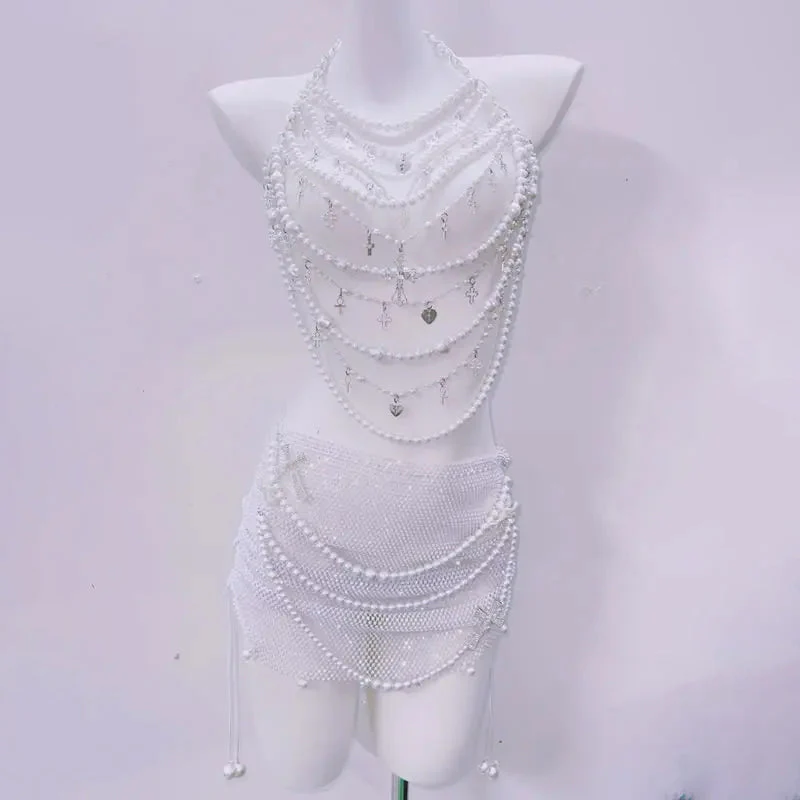 Halter beaded hollow out backless mini skirt set