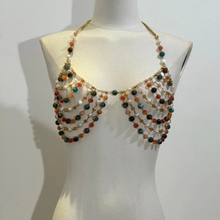 Halter beaded metal chain hollow out crop top