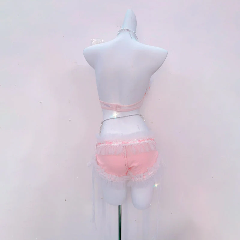 Halter bowknot beaded lace hem top - Image 4