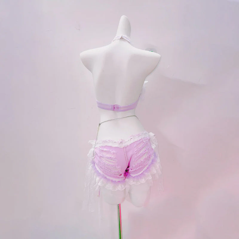 Halter bowknot cross applique beaded lace hem top - Image 2