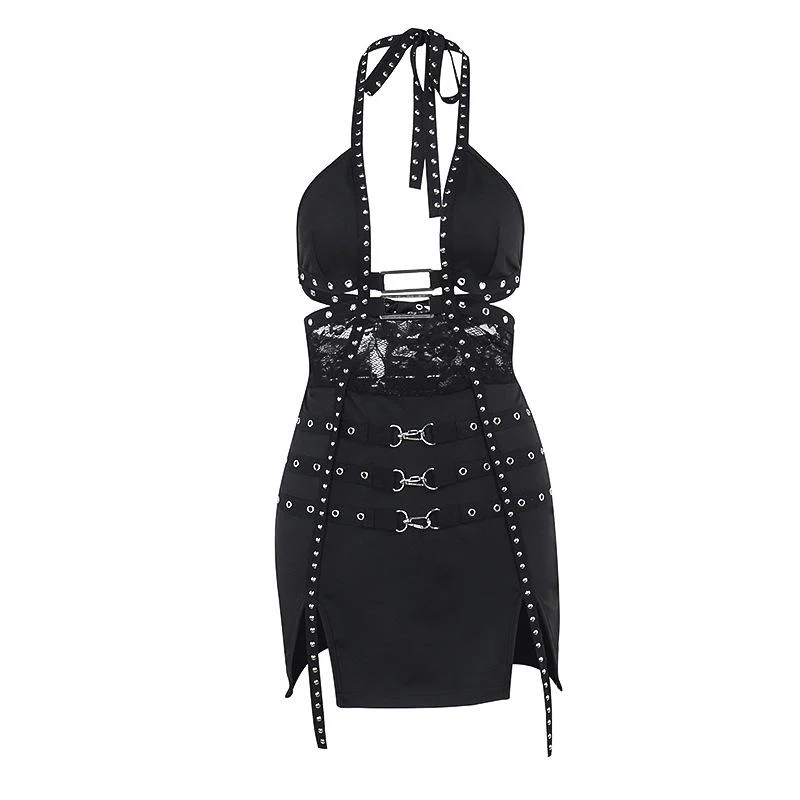 Halter buckle slit backless hollow out mini dress - Image 3