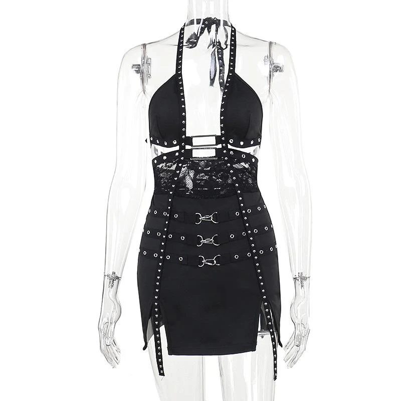 Halter buckle slit backless hollow out mini dress - Image 4