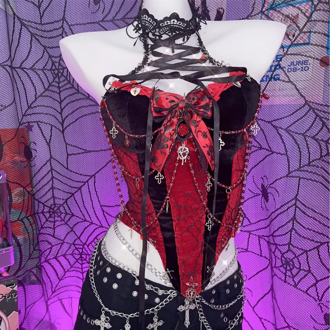 Halter button self tie metal chain bowknot print top - Image 3
