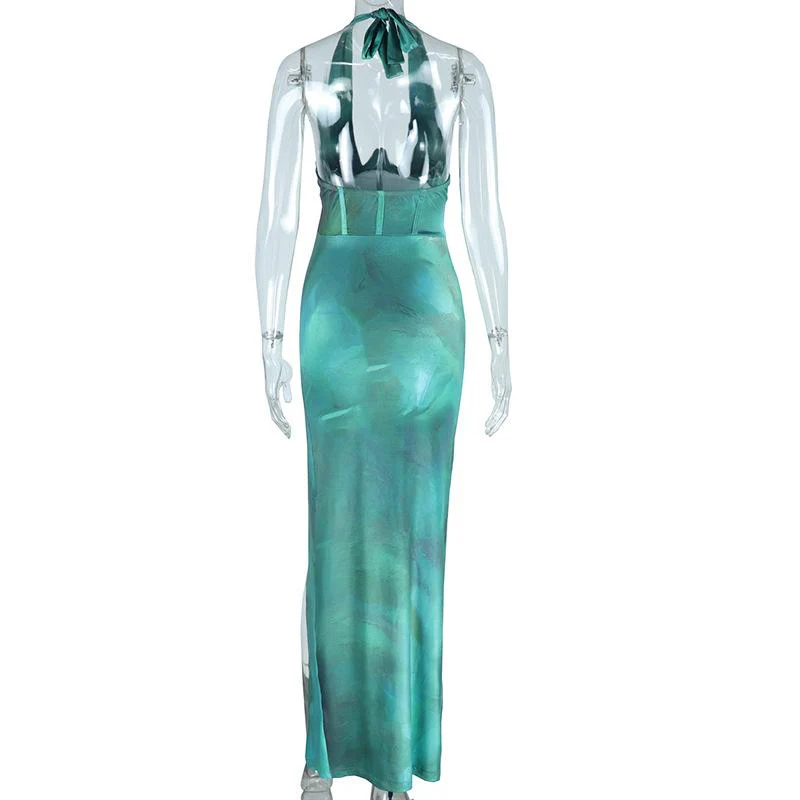 Halter corset deep v neck drawstring ruched slit maxi dress - Image 4
