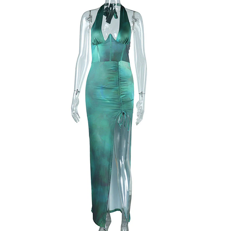 Halter corset deep v neck drawstring ruched slit maxi dress - Image 9
