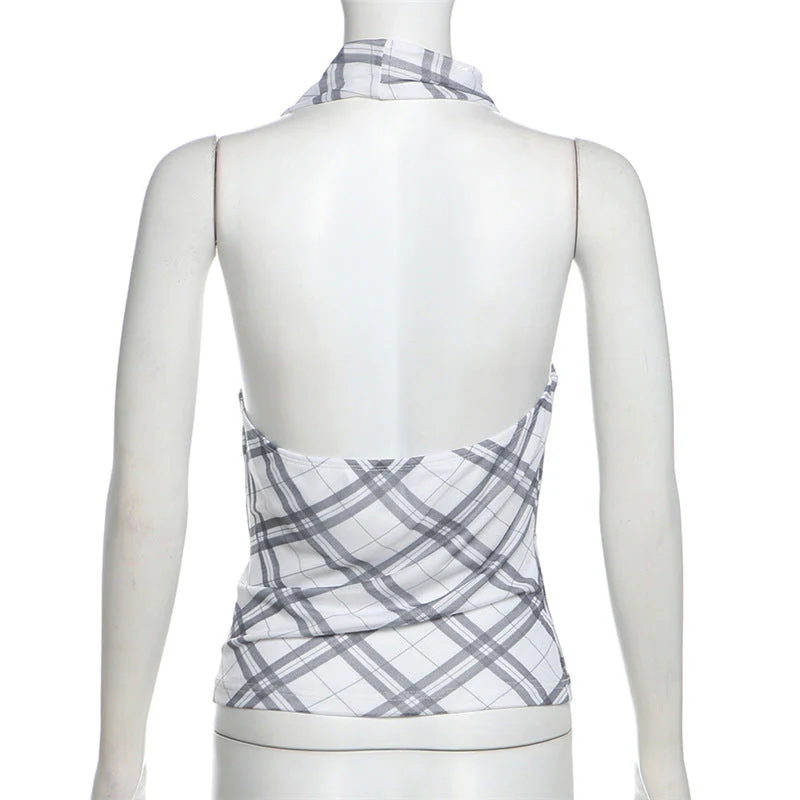 Halter cowl neck plaid backless top - Image 5