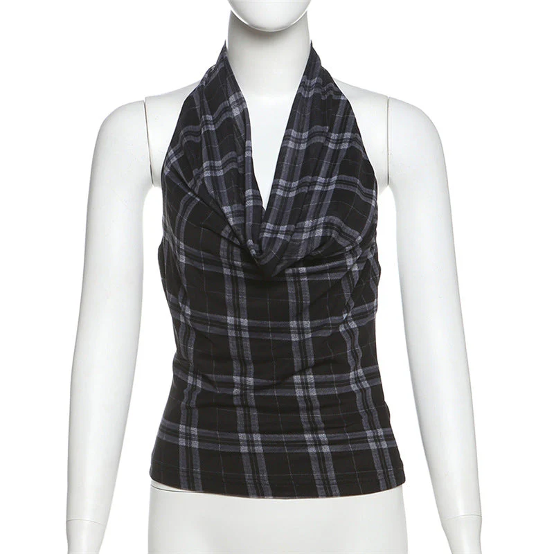 Halter cowl neck plaid backless top - Image 6