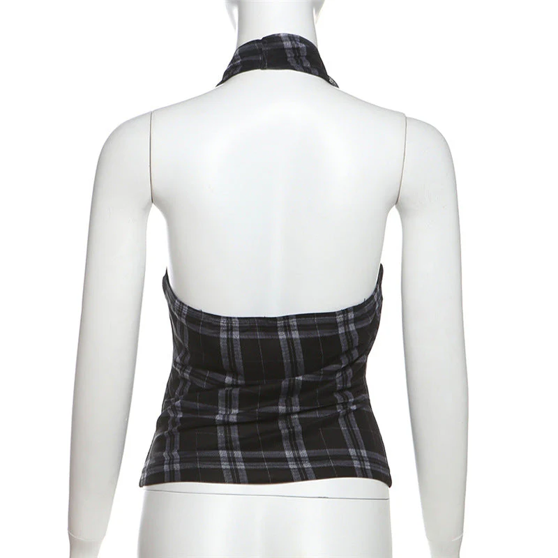 Halter cowl neck plaid backless top - Image 8