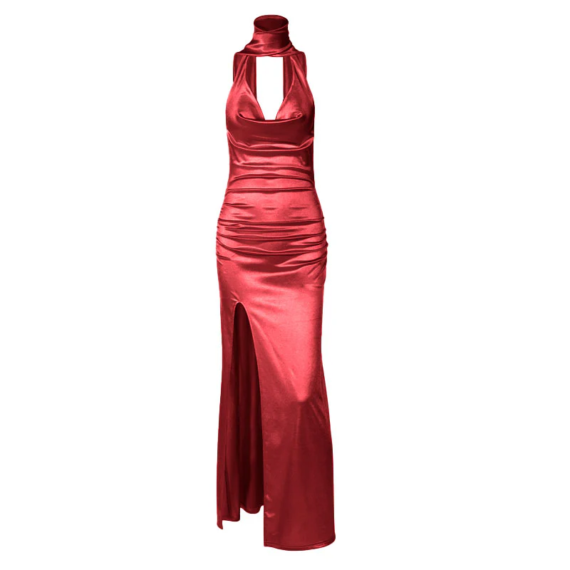 Halter cowl neck ruched backless slit maxi dress - Image 3
