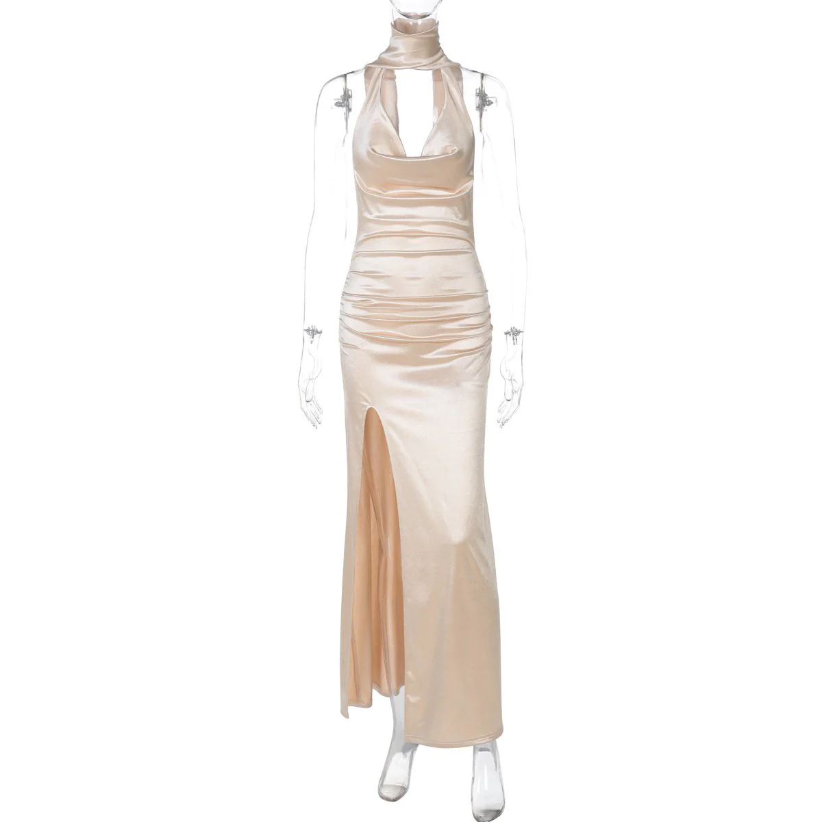 Halter cowl neck ruched backless slit maxi dress - Image 4