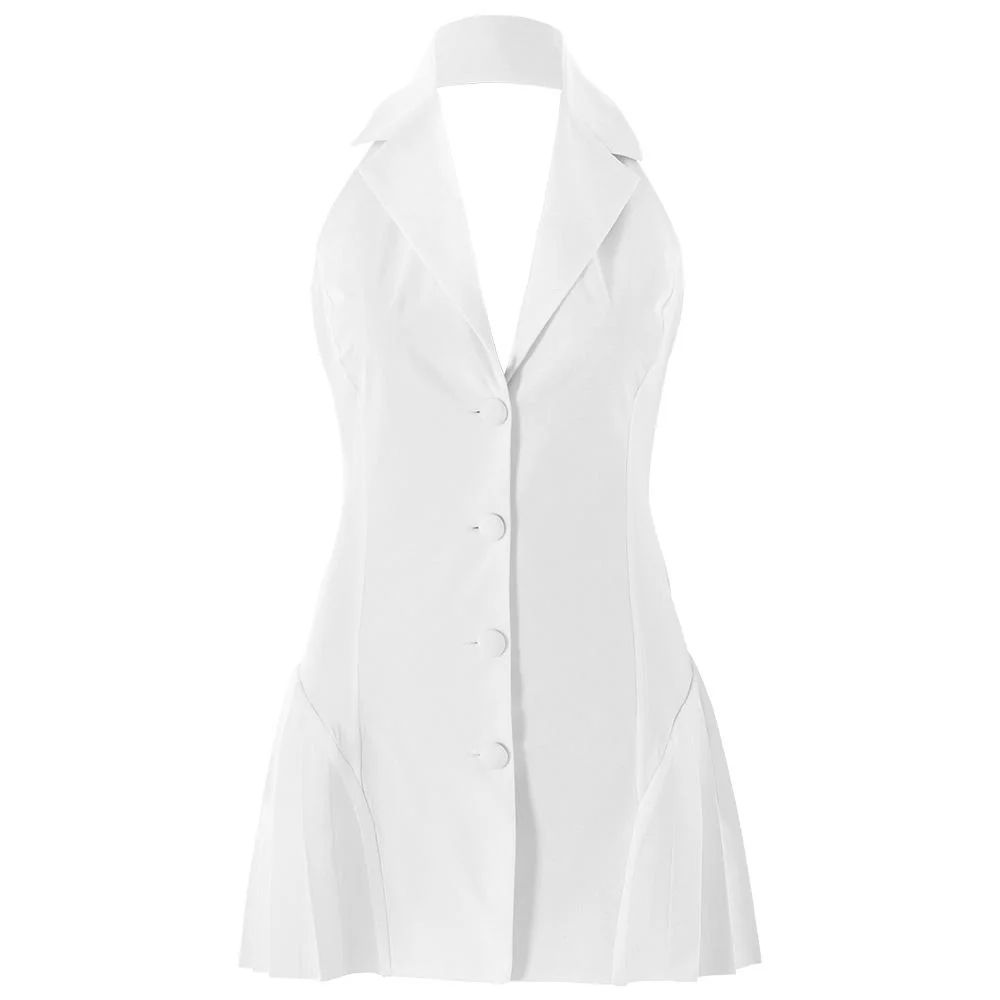 Halter deep V neck button pleated backless mini dress - Image 2
