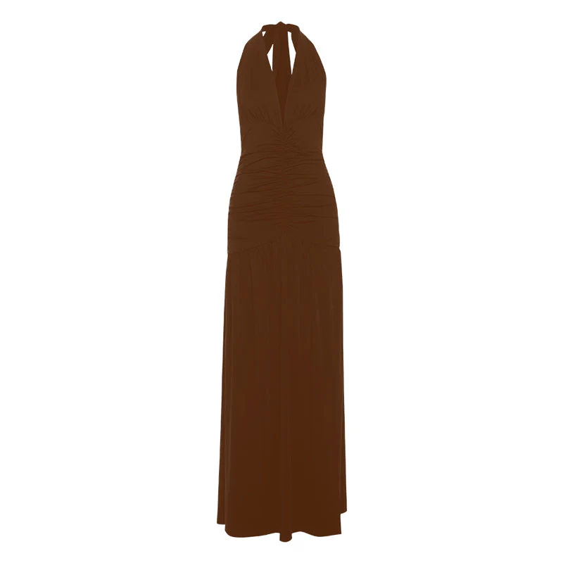 Halter deep v neck ruched backless maxi dress - Image 2