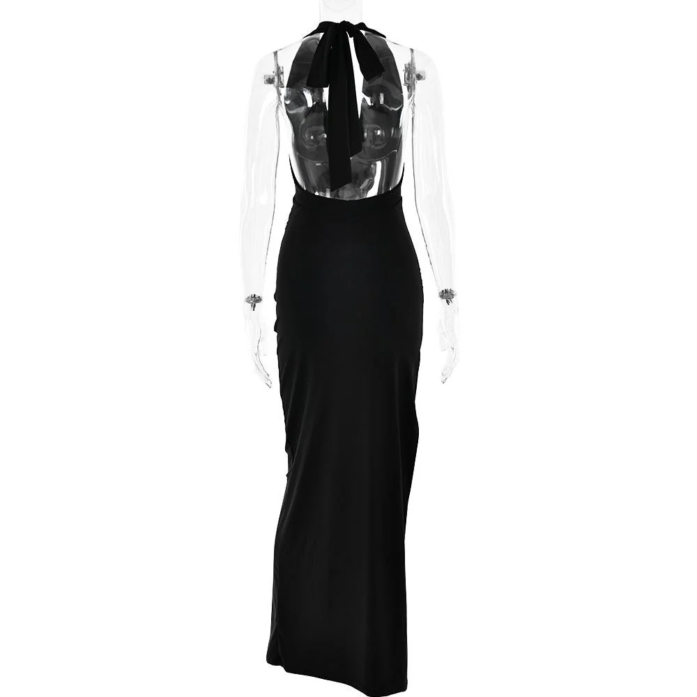 Halter deep v neck slit backless ruched maxi dress - Image 5