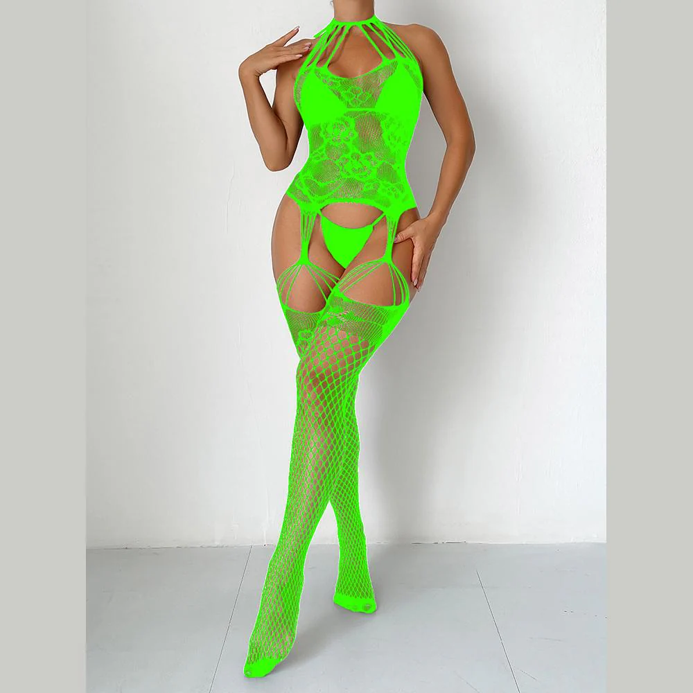 Halter fishnet lace suspender strappy bodystocking - Image 21